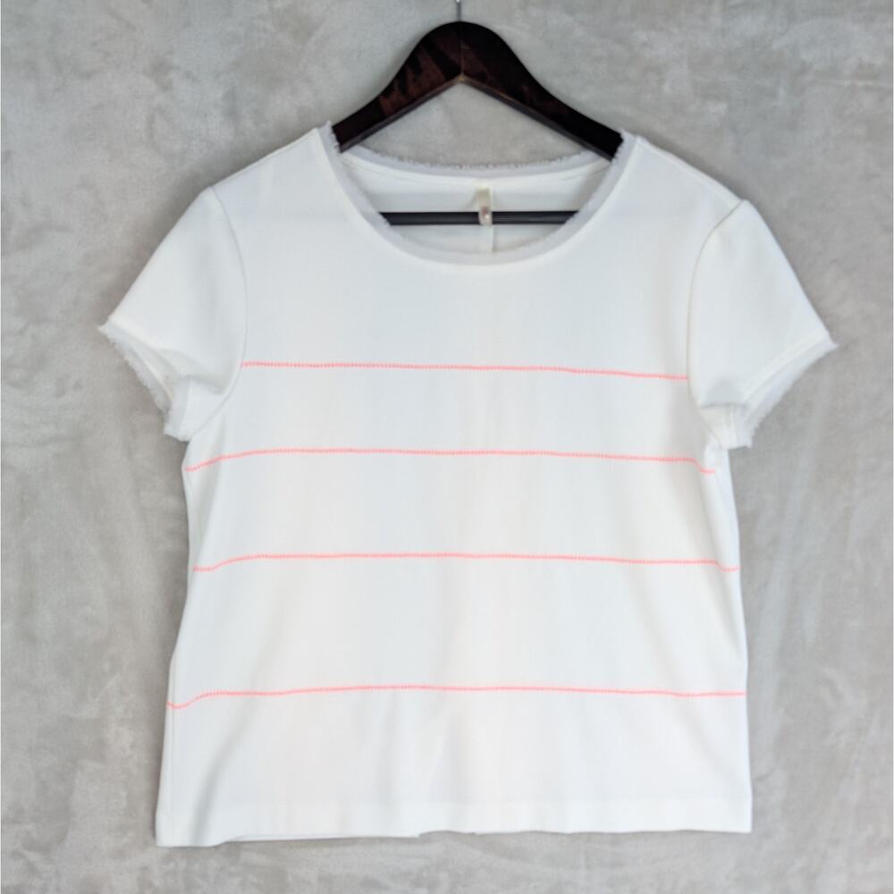 I.Code By IKKS White Pink Stripe Pique Blouse Top Frayed Raw Edge Large Poetcore